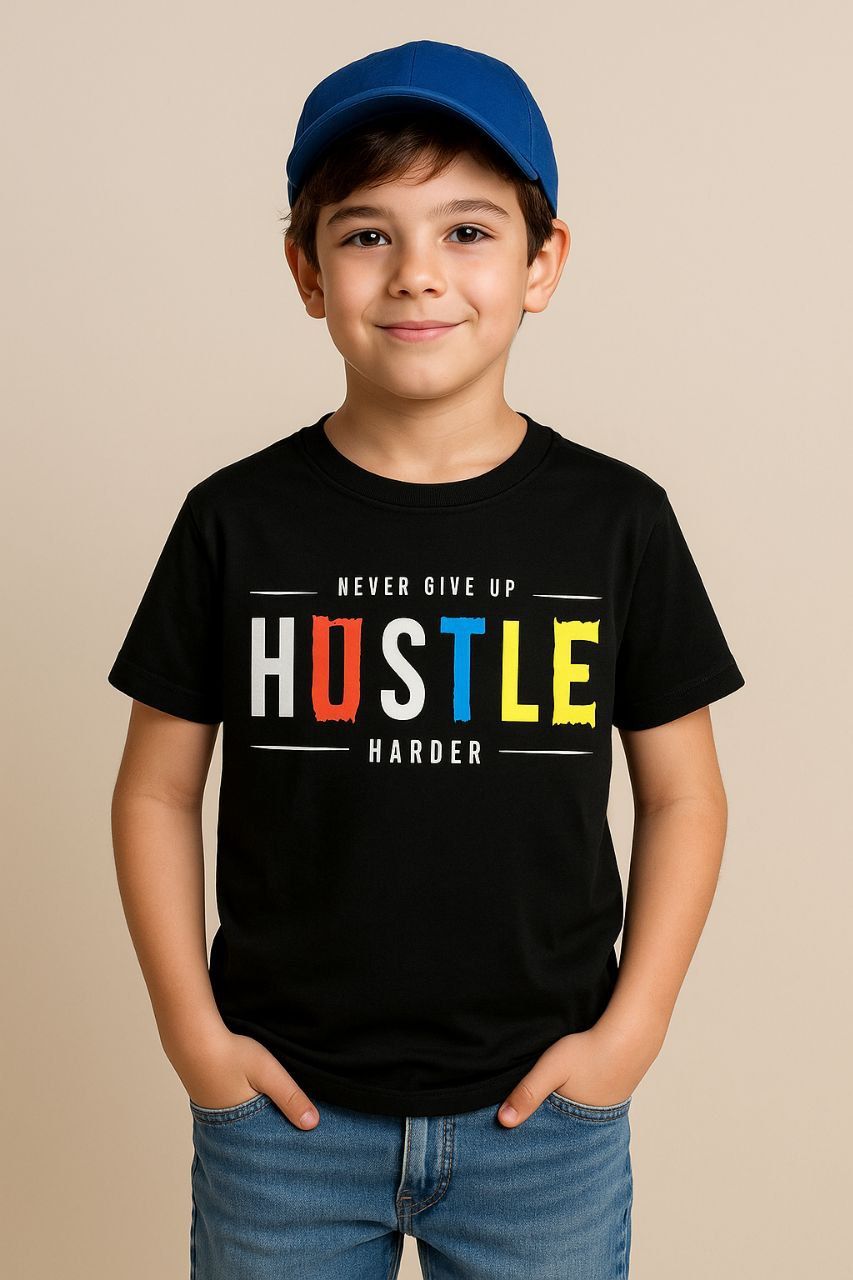 خرید تیشرت تک مشکی پسرانه ⚜طرح چاپHUSTLE ⚜