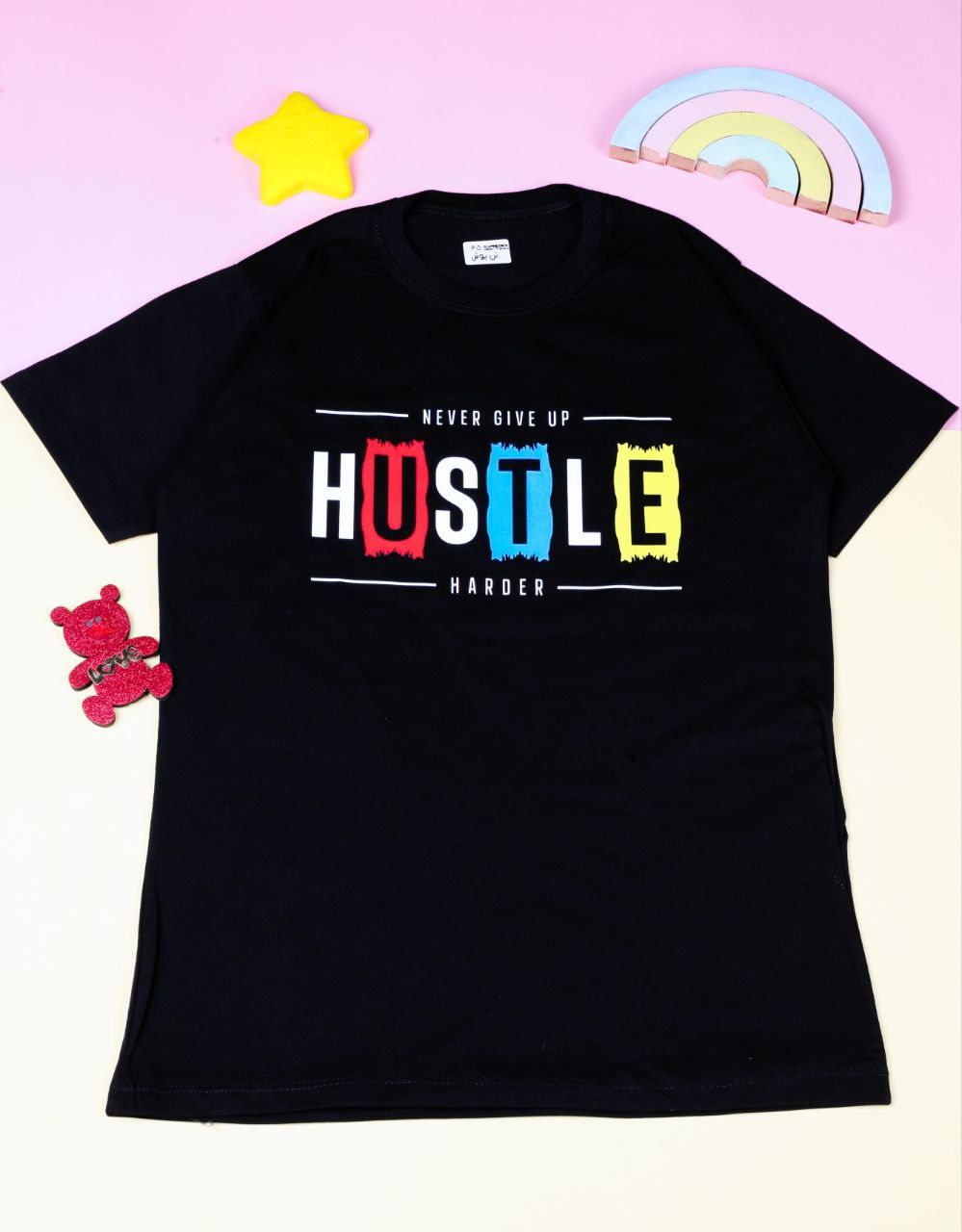 خرید تیشرت تک مشکی پسرانه ⚜طرح چاپHUSTLE ⚜